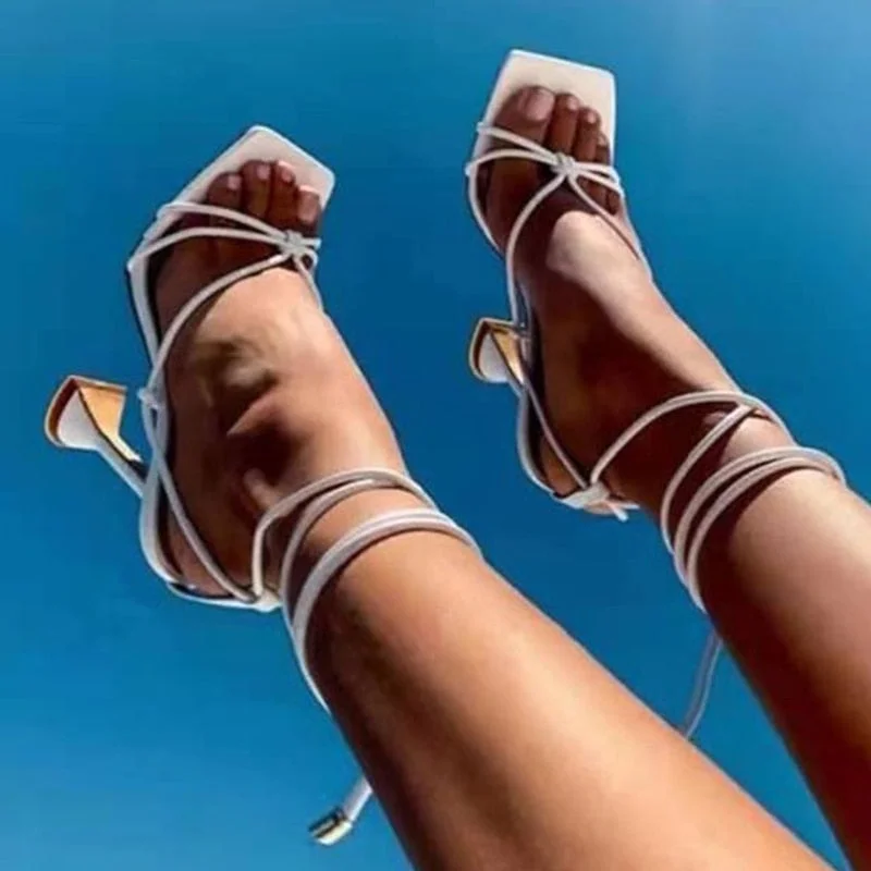 Women Sandals Summer Slides Square Toe Shoes Strange Style Ladies Ankle Strap Tie Leg Female Pumps Fashion Women's 2021 Shoe