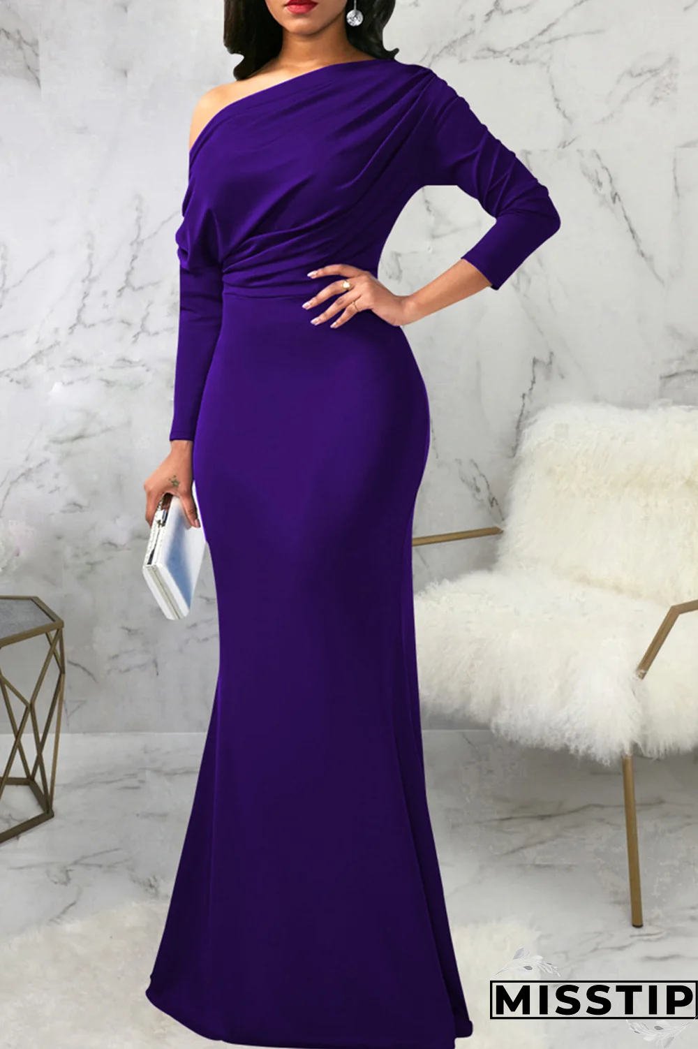 White Street Solid Patchwork One Shoulder Trumpet Mermaid Dresses