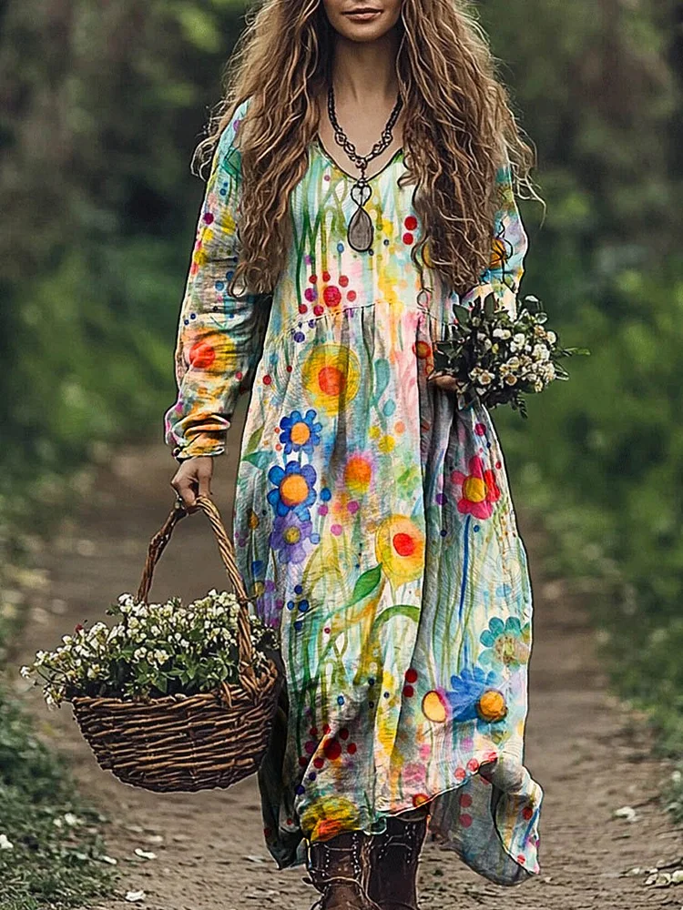 Women's Lovely Floral Art Print Pocket Cotton Dress