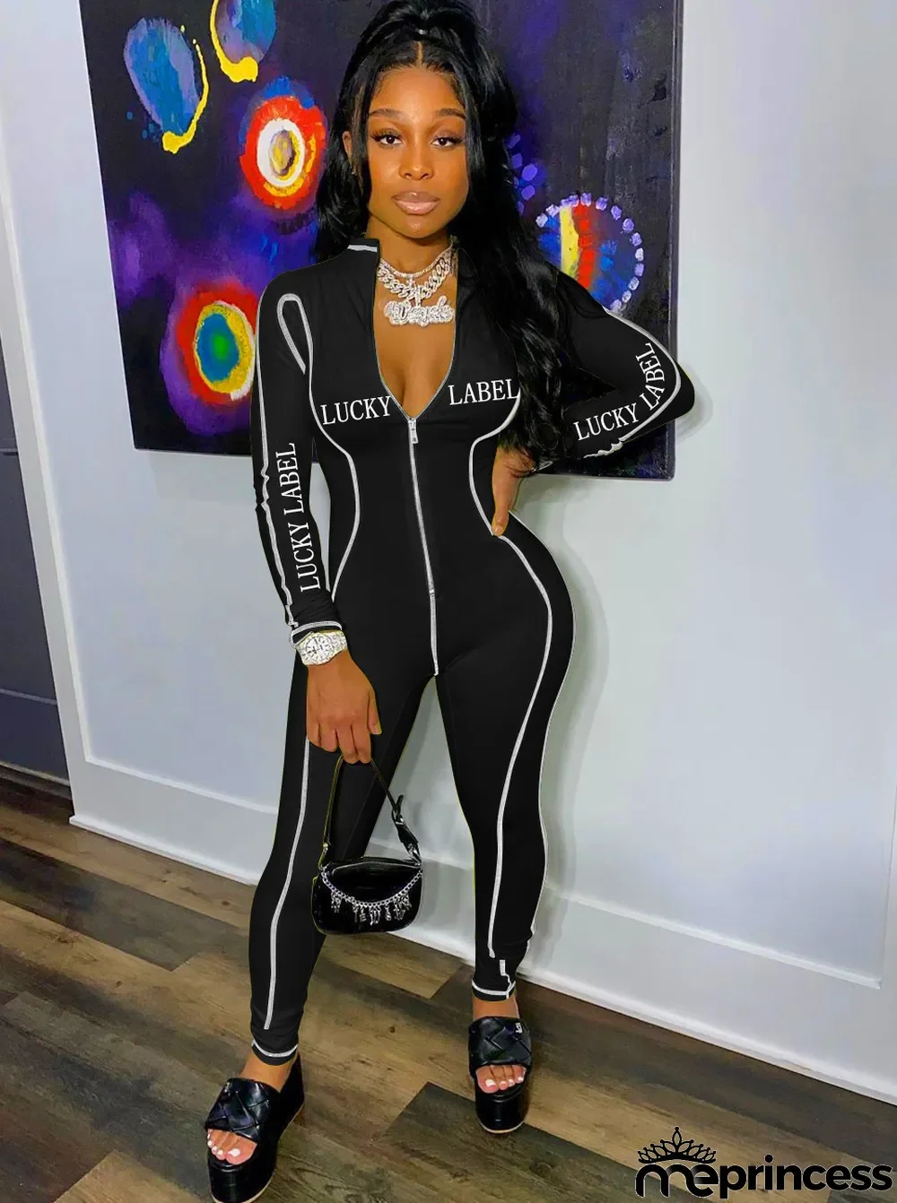 Spring Letter Print Zipped Sports Jumpsuit