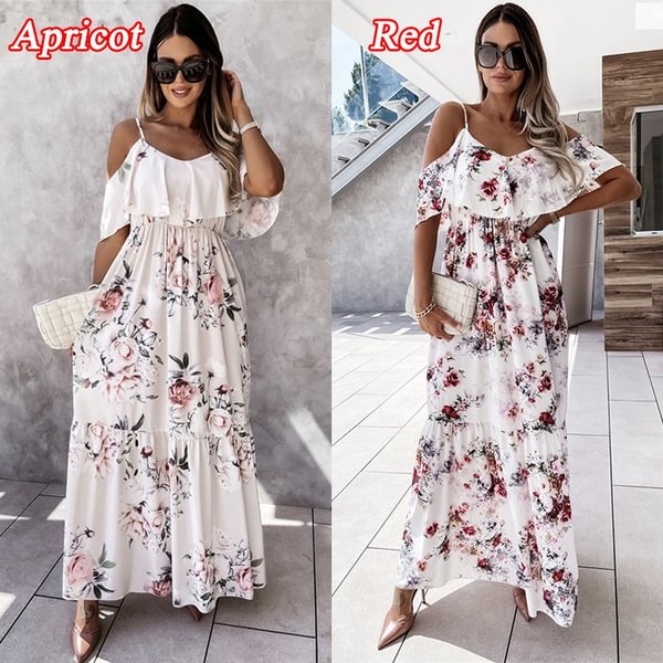 Bohemina Style Holiday Beach Maxi Dress Ruffle Short Sleeves Off Shoulder Floral Long Dress Boho Dress Fashion Sundress - Shop Trendy Women's Fashion | TeeYours