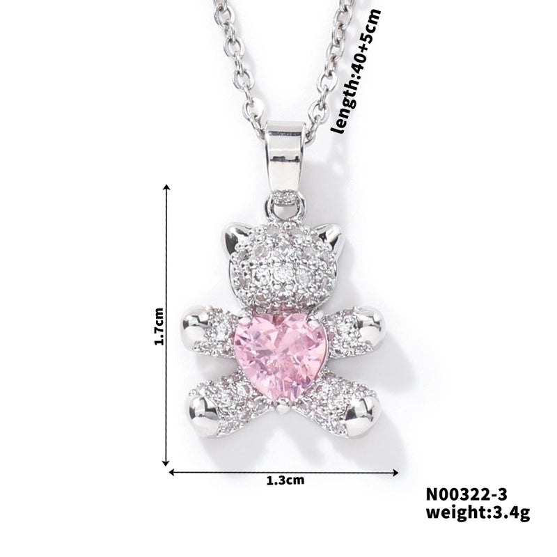 304 Stainless Steel Copper Rhodium Plated Inlay Bear Heart Shape Glass Zircon Pendant Necklace