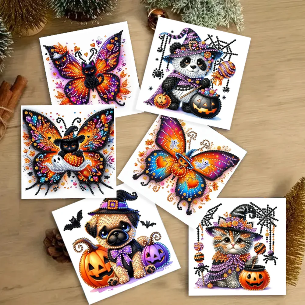 6PCS DIY Halloween Designs Diamond Art Greeting Cards for Halloween and Holidays
