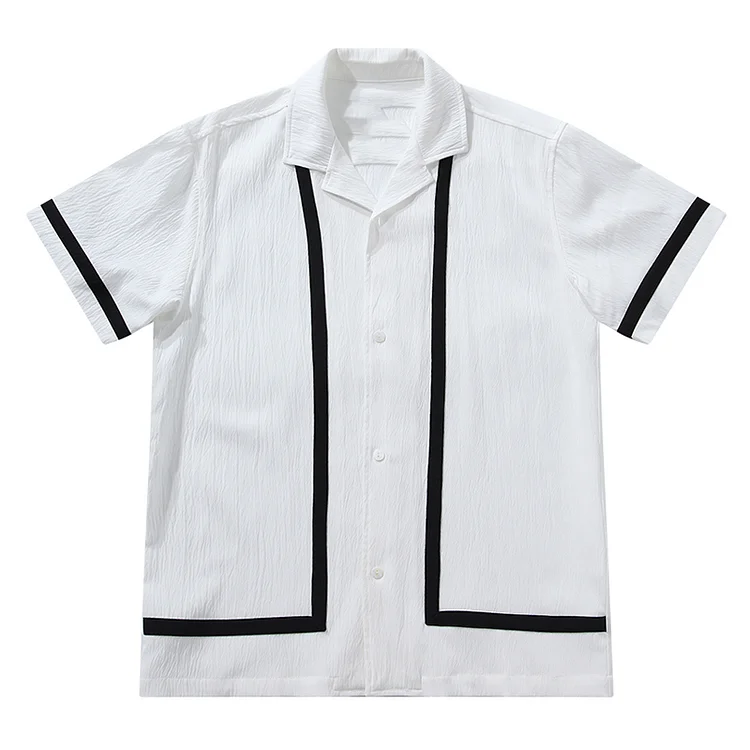 Vintage Cuban Collar Patchwork Wrinkle-Free Short-Sleeved Shirt