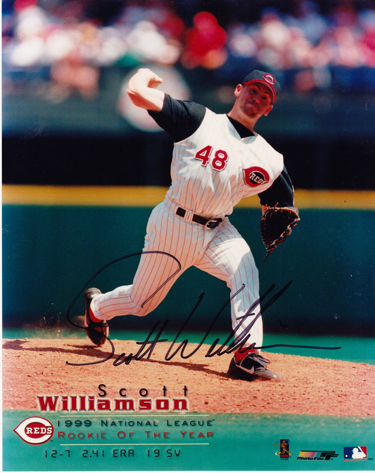 SCOTT WILLIAMSON CINCINNATI REDS 1999 ROY ACTION SIGNED 8x10