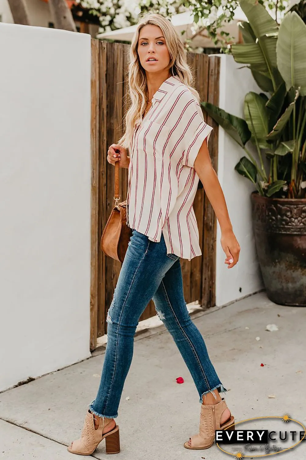 Pink Striped Short Sleeve Buttoned Pocket Shirt
