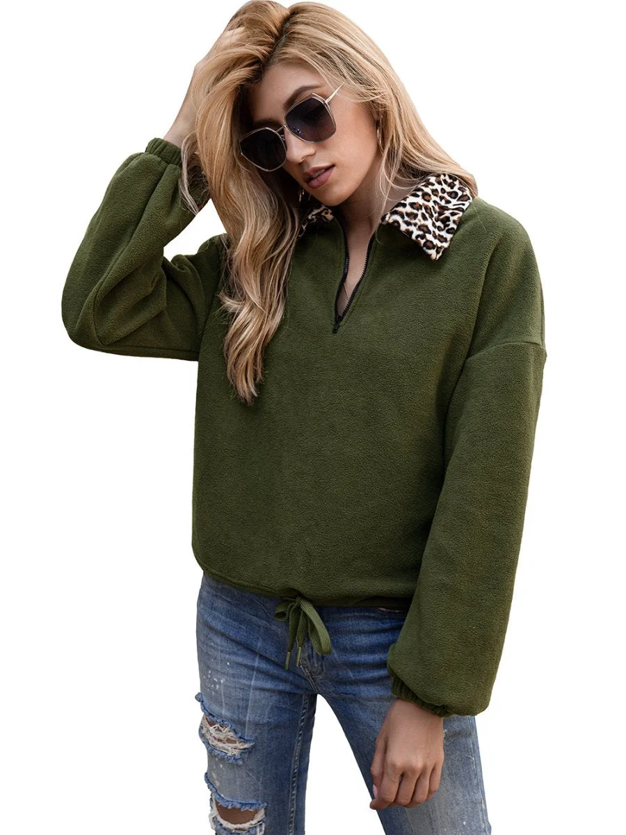 Women's Fleece Sweatshirt Leopard Lapel Collar Zipper Drawstring Pullover Hoodie