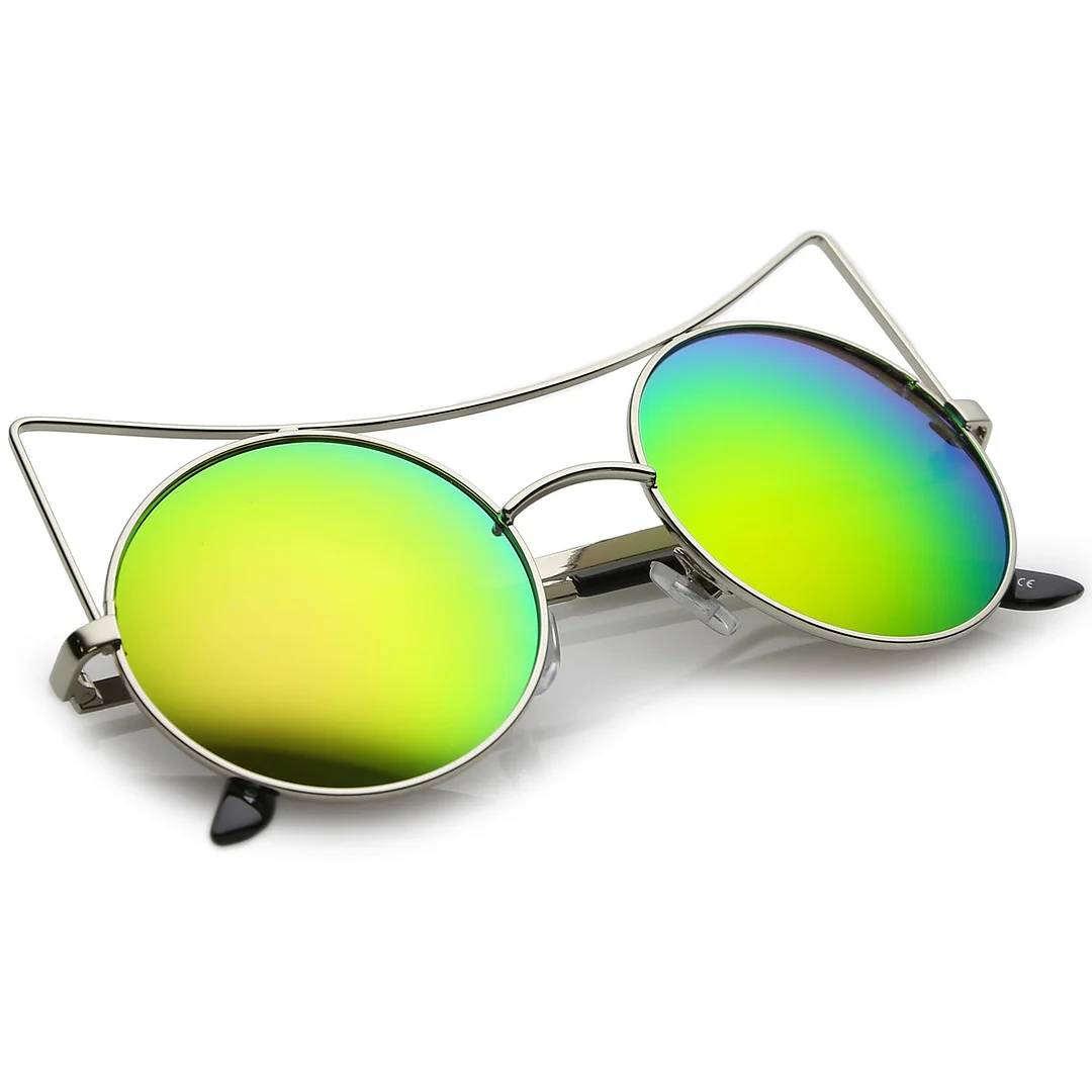 Women's Oversize Open Metal Cat Eye glasses With Colored Mirror Flat Lens 54mm