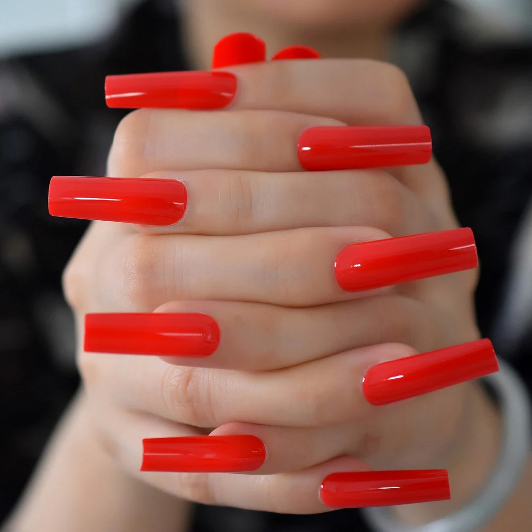 Glossy Big Glossy Fake Nials Reusable Square Nails Dark Green Medium Long Nails Manicure Design Fake Nails Pure Color To Choose-Nail Inspo