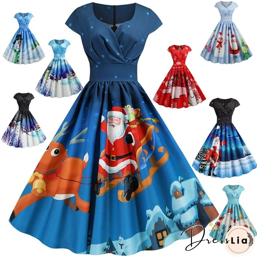 Christmas 50s60s Ruched Short Sleeve Dress Snowman Snowflake Snata Claus Print Xmas Dresses