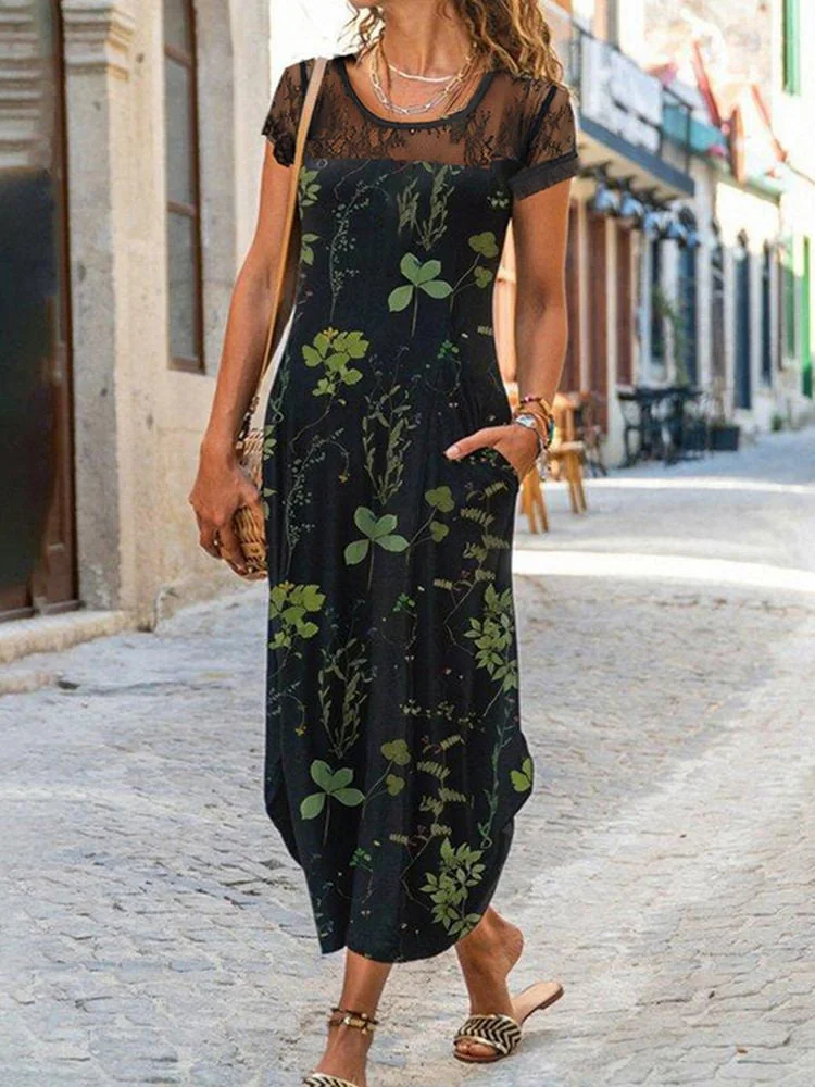 Women plus size clothing Women's Summer Short Sleeve Lace Round Neck Flower Print Casual Pocket Dress-Nordswear