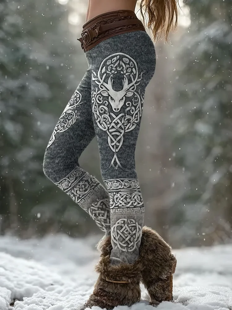Vintage Viking Celtic Style Deer Pattern Women's Tight-fitting Leggings