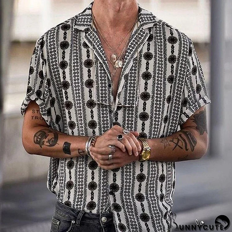 Grey Fashion Print Basic Turndown Collar Men's Shirts