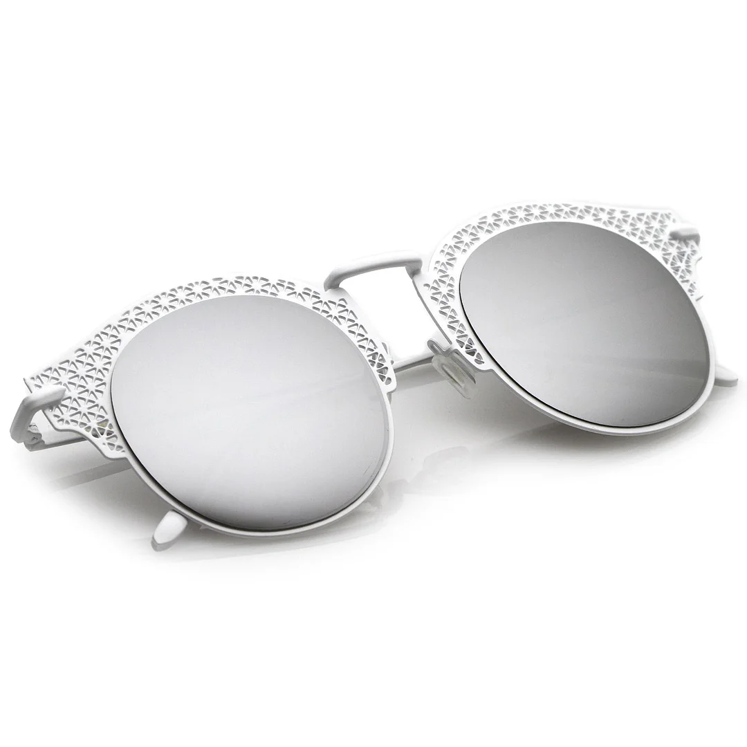 Women's Open Metal Cutout Slim Arm Round Flat Lens Half Frame glasses 50mm