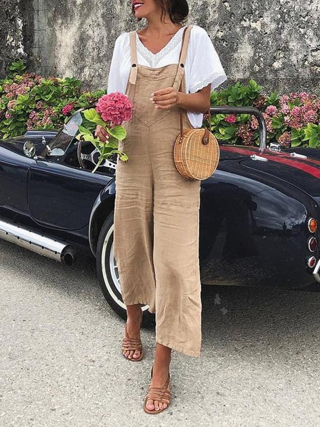 Summer Solid Color Cotton Linen Loose Straight Casual Suspender Trousers Women's Jumpsuits