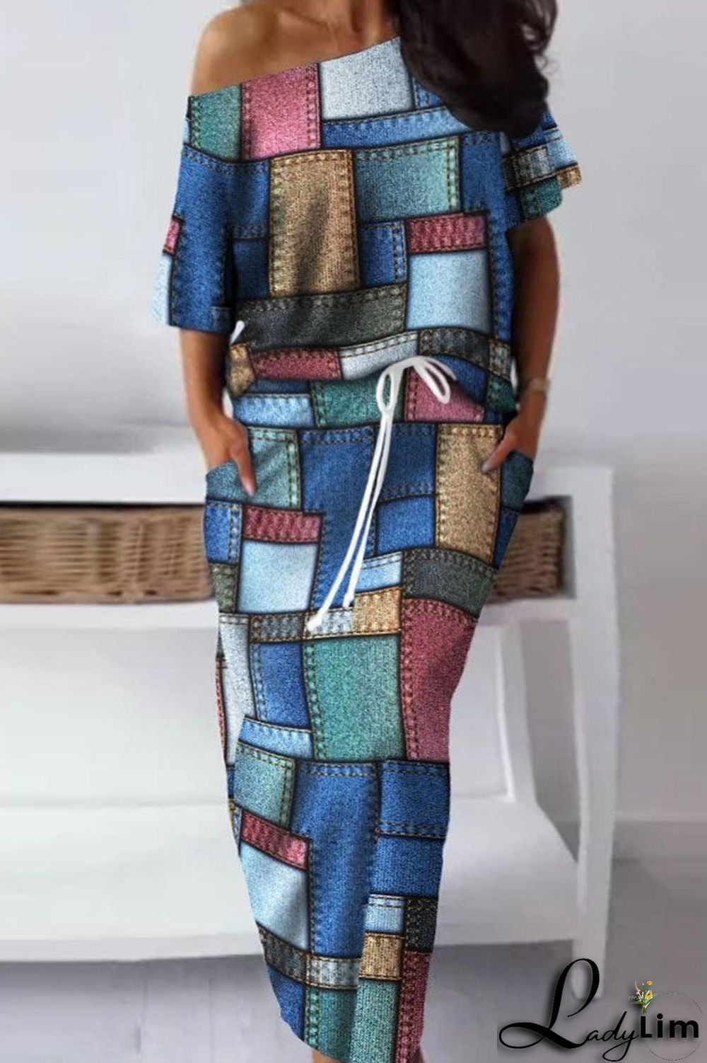 Red Casual Street Print Patchwork Oblique Collar Short Sleeve Two Pieces
