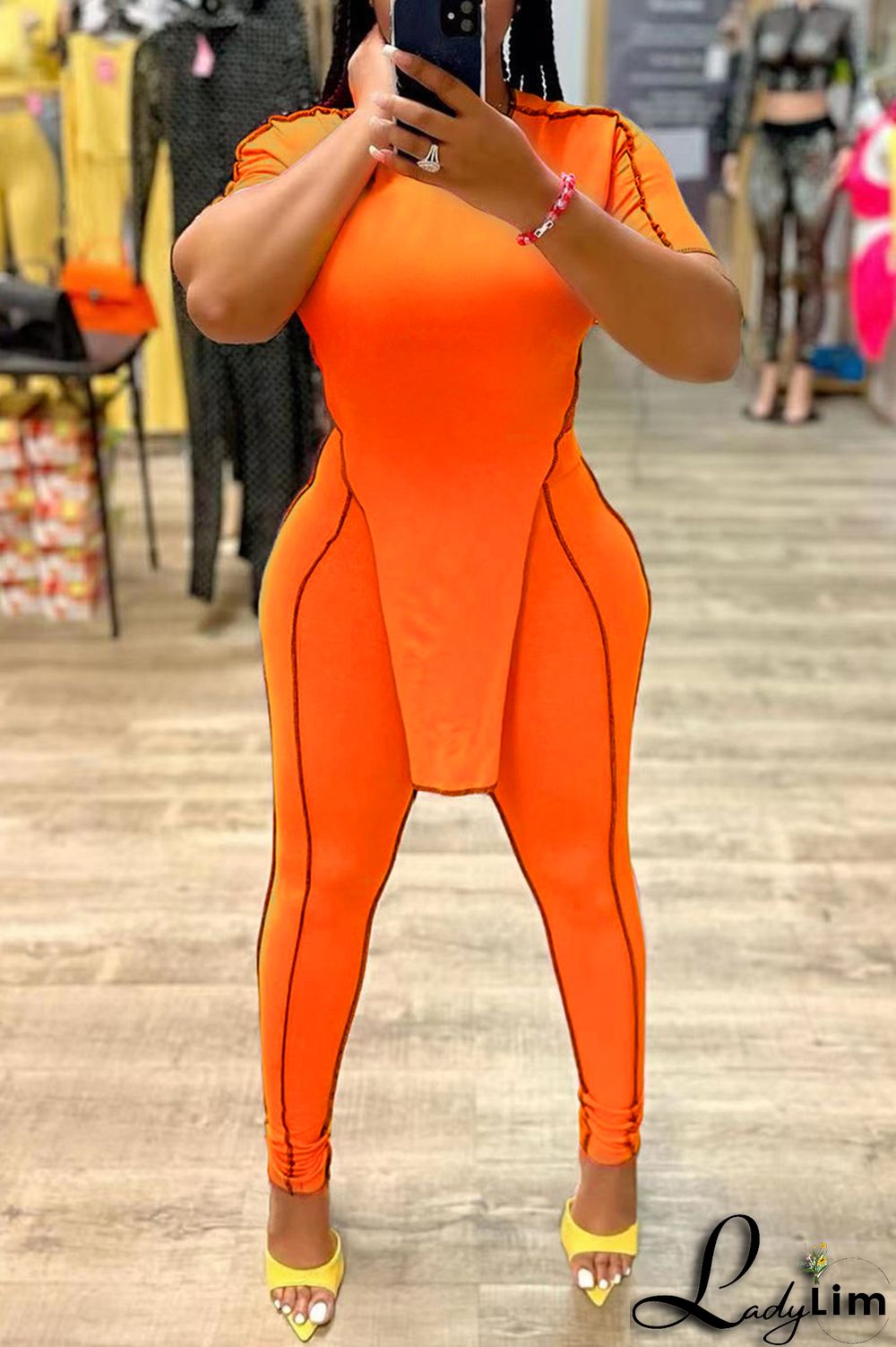 Orange Fashion Casual Solid Patchwork Asymmetrical O Neck Short Sleeve Two Pieces