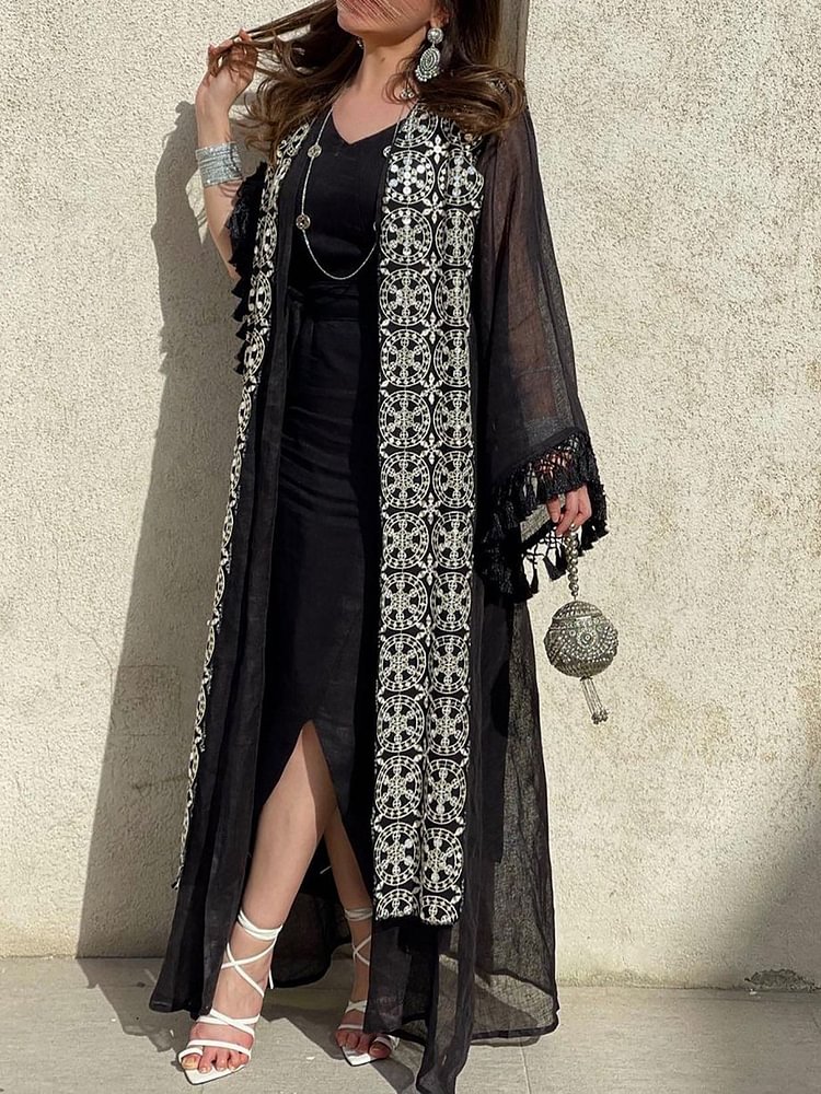 Ethnic Floral Print Fringed Dress and Outwear Two-Piece Set