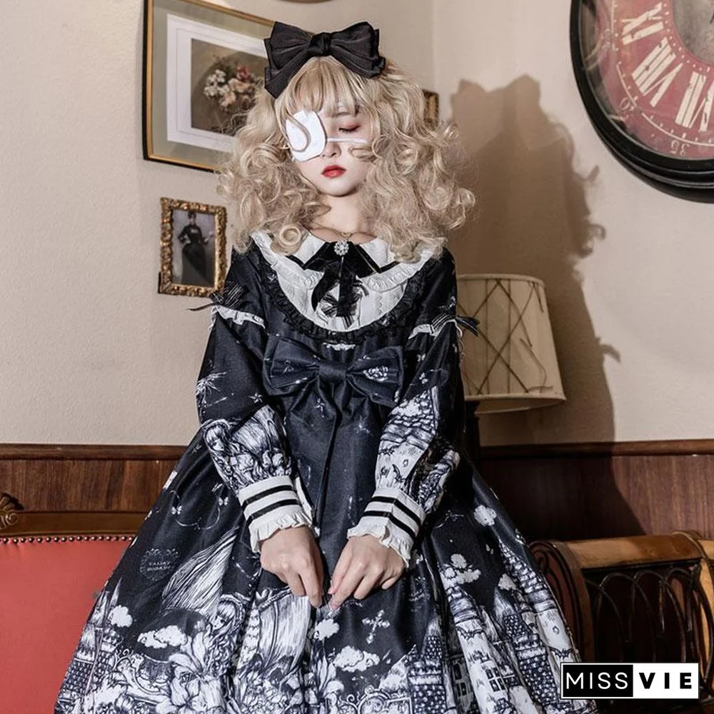 Gothic Print Bow Ruffle Doll Collar Lolita Dress