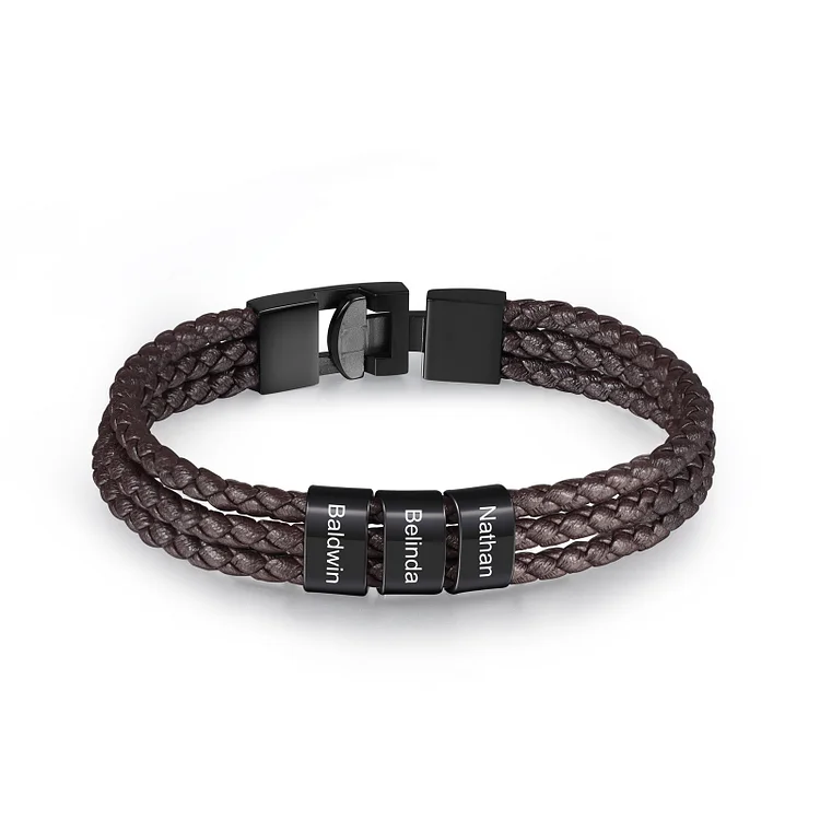 Brown Personalized Three Layered Braided Leather Bracelet Engraved 3 Names Mens Bracelet for Him