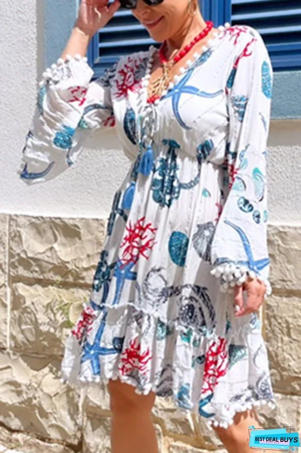 Bell Sleeve V Neck Coral Starfish Short Dress