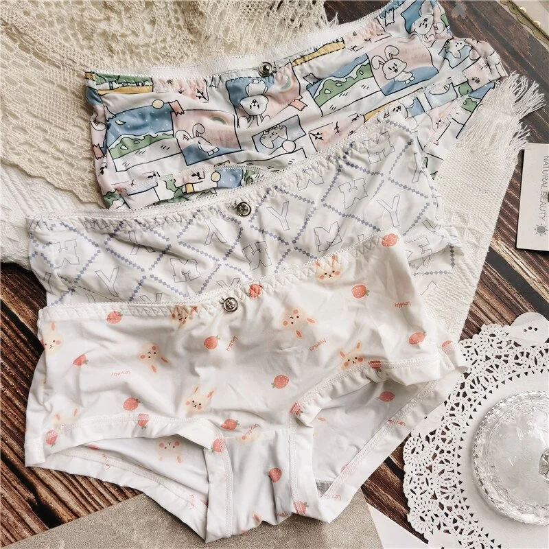 Billionm Colors Ice Silk Printing Cute Students Low Waist Cartoon Plaid Women's New Underwear Lolita Fruit Animal Fashion Panties Bow