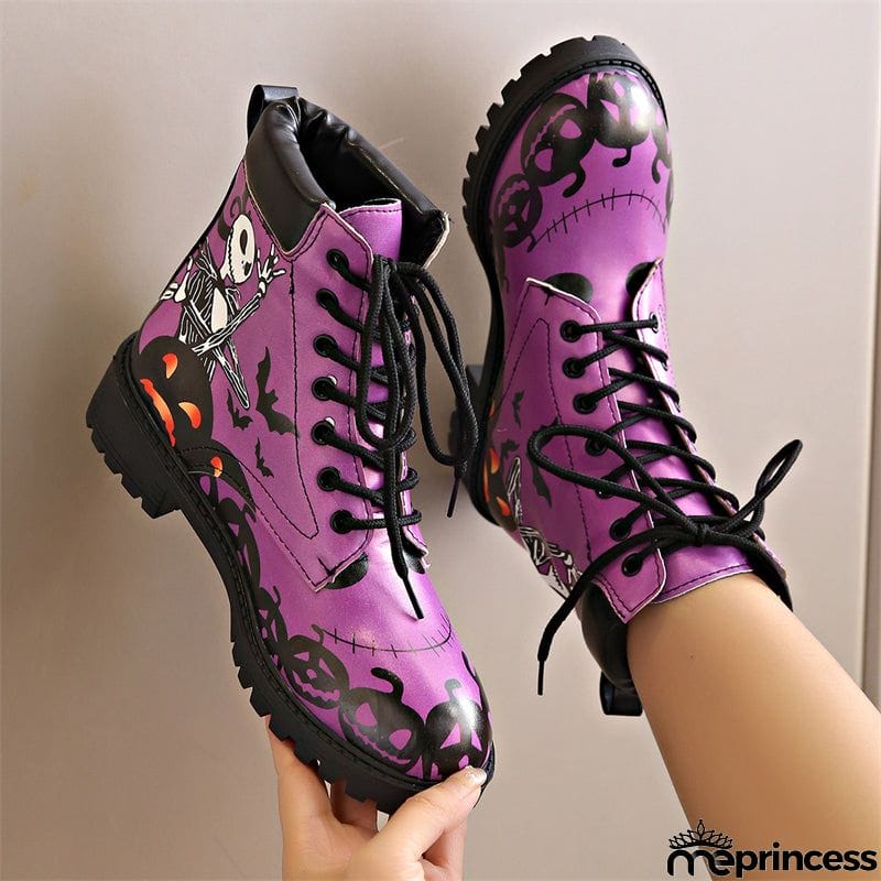 Halloween Element Printed Women's Lace-up Round Toe Martin Boots