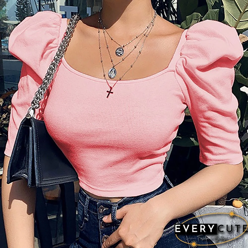 Pink Square Neck Puff Sleeve Crop Tops