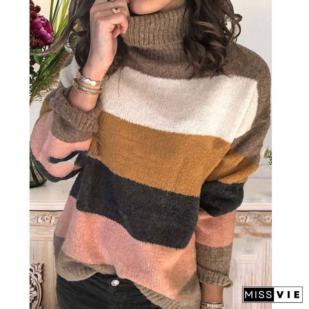 Elegant High Neck Striped Sweaters