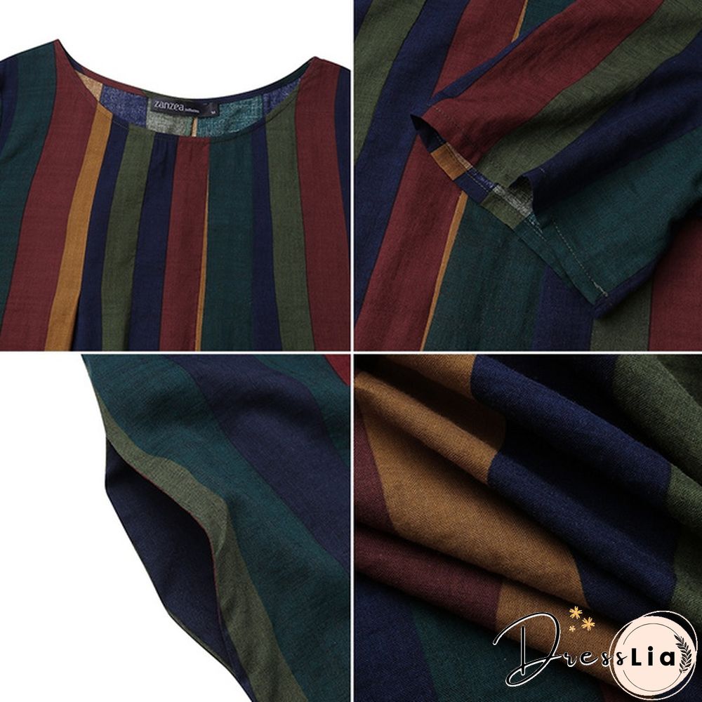 ZANZEA Women Summer Short Sleeve Plus Size Vintage Striped Dresses Long Dress