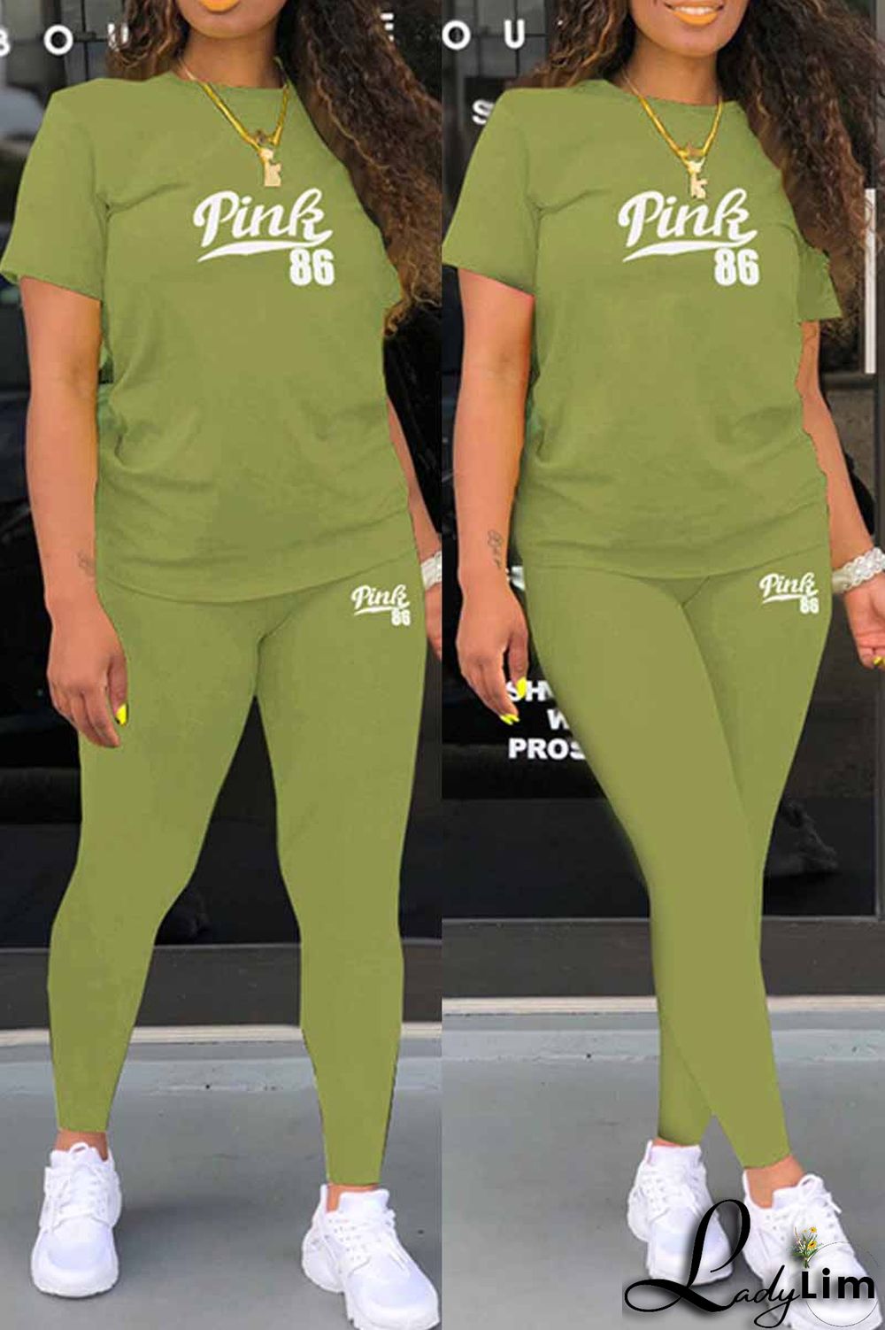 Grey Casual Print Letter O Neck Short Sleeve Two Pieces