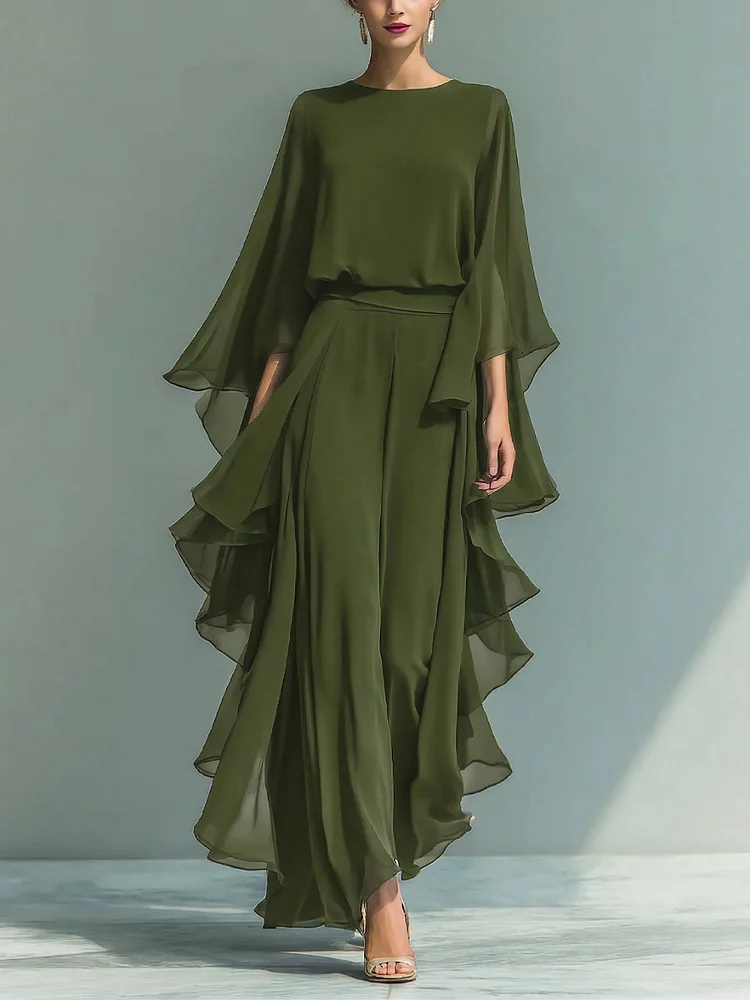 Elegant & Flowy Ruffled Shirt And Wide-leg Pants Two-piece Set