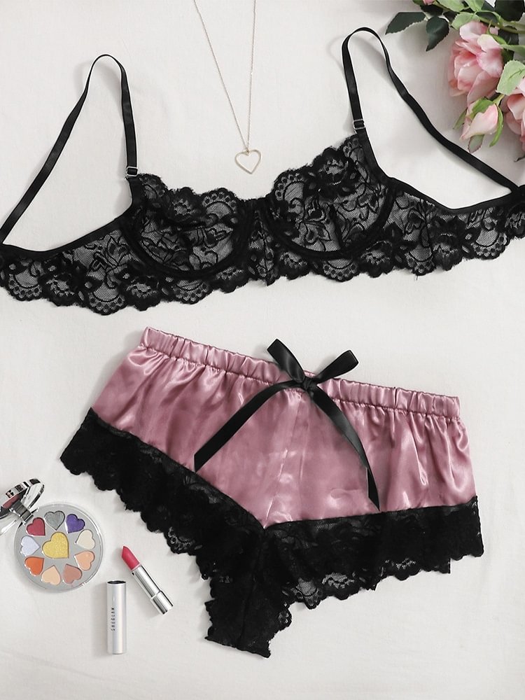 Lace Bra Satin Skirt Two-piece Underwear Set