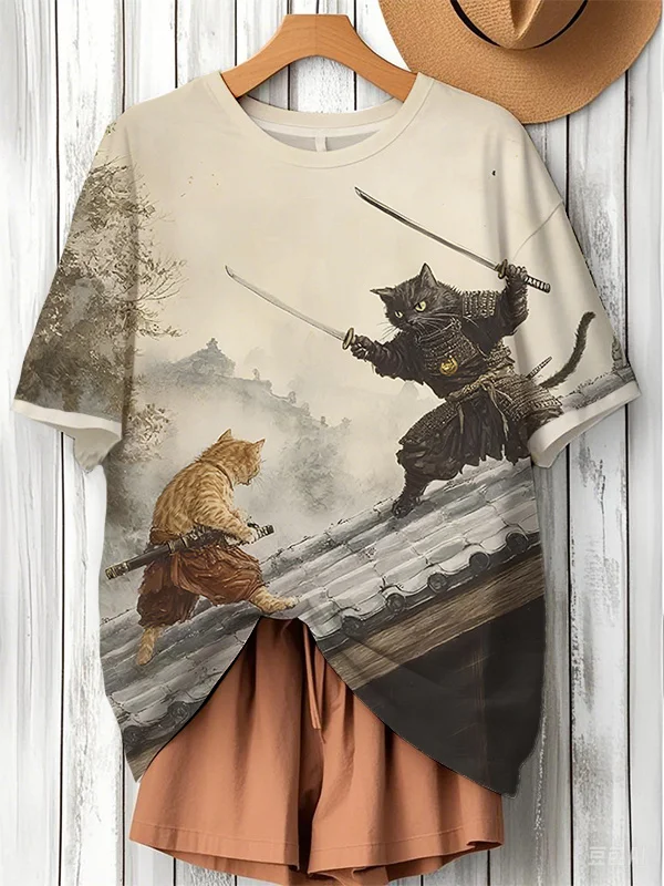 Women's Two Cat Warriors Japanese Art Print Casual T-Shirt