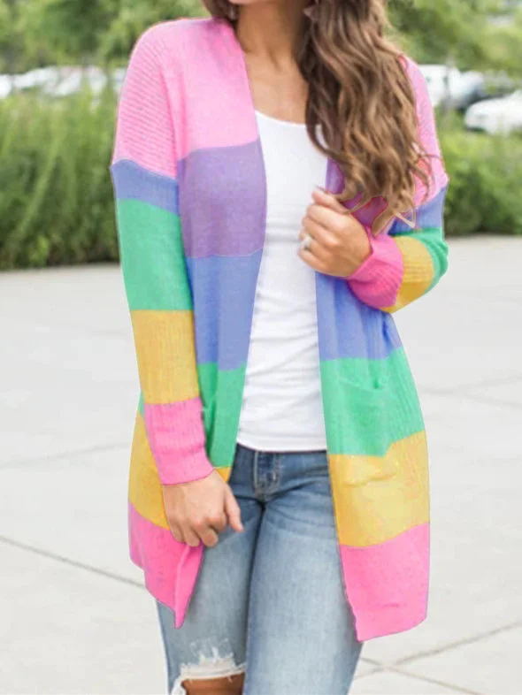 Women's Stitching Solid Color V-neck Long Sleeve Long Cardigan Sweater Coat