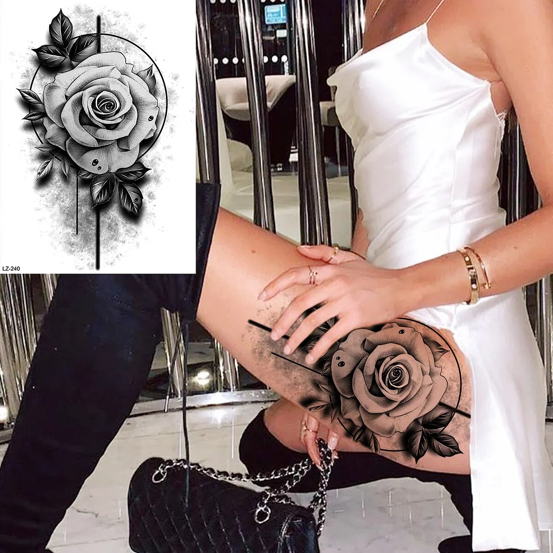 Sdrawing Rose Flower Moon Temporary Tattoos For Women Adult Pendant Peony Lotus Fake Tattoo Calf Thigh Body Art Waterproof Tatoos