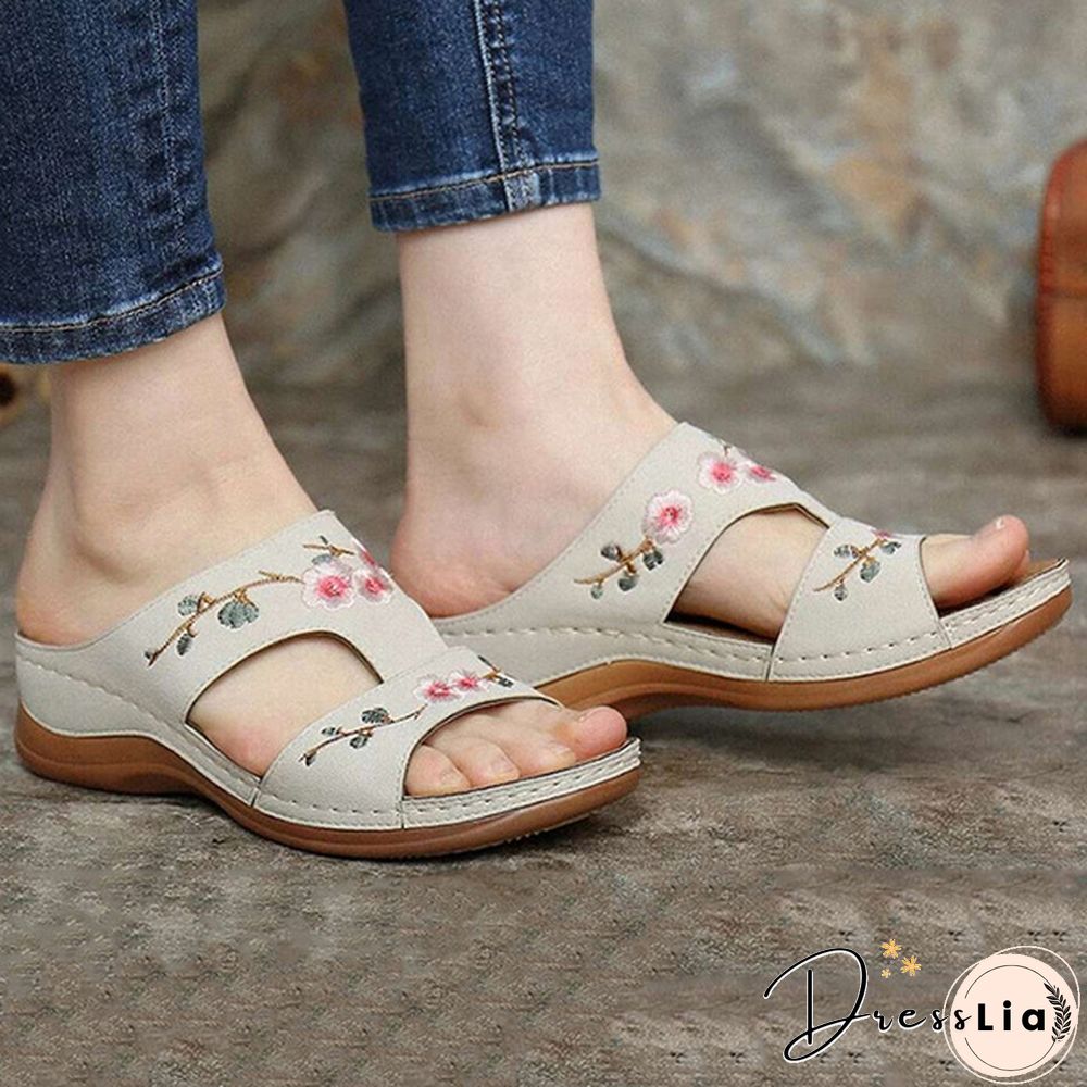 Woman Slippers Vintage Ethnic Flower Platform Flat Shoes Women Comfortable Casual Sandals