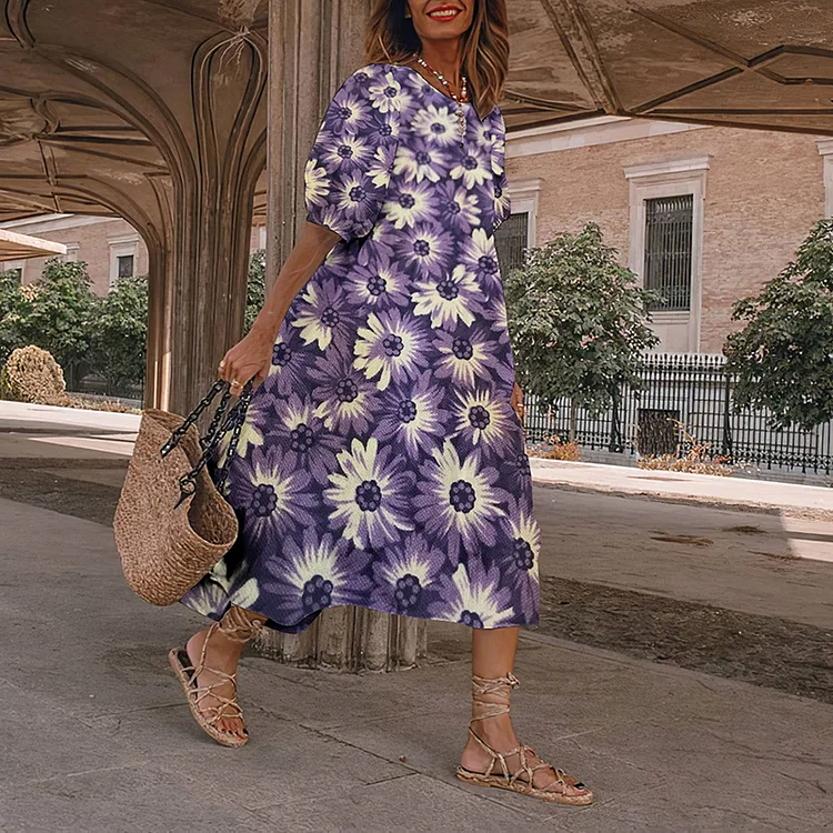 Vintage Purple Daisy Floral Japanese Art And Spring Midi Dress