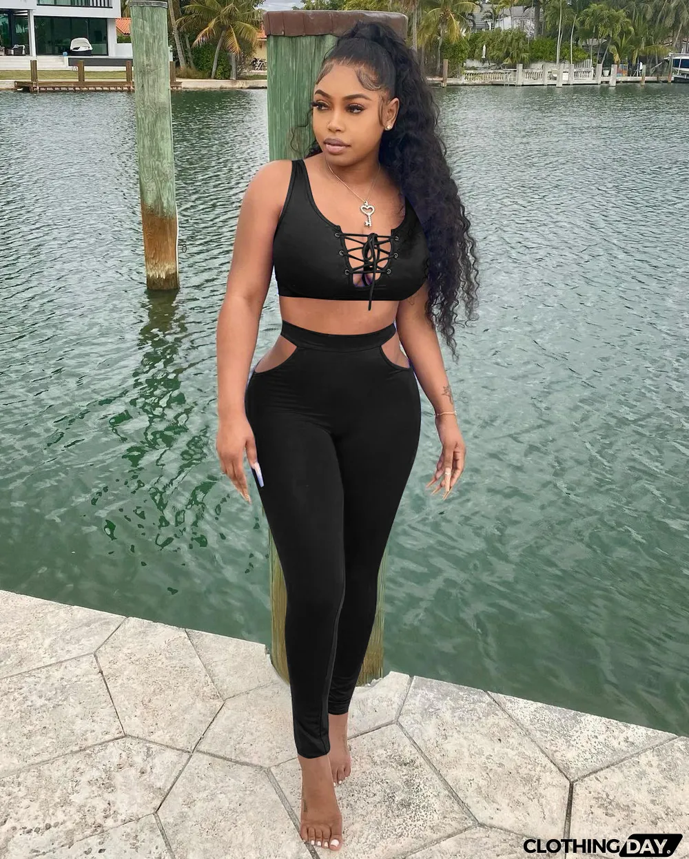 Sexy Solid Color Lace Up Top Pants Two Piece Set