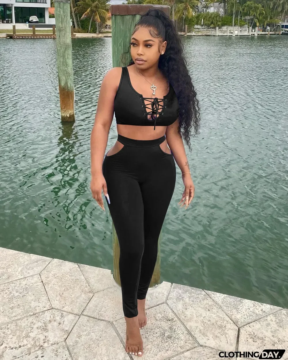 Sexy Solid Color Lace Up Top Pants Two Piece Set