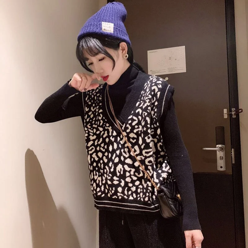 Sweater Vest Women Leopard V-neck Chic Leisure Loose 2XL Autumn Winter Warm Daily Outwear Korean Style Fashion All-match Ulzzang