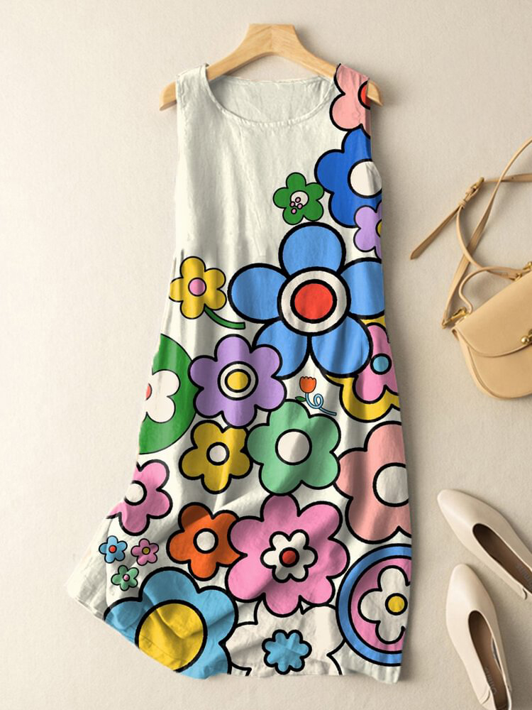 Comstylish Vintage Retro Boho Cartoon Flower Art Print Sleeveless Cotton And Linen Midi Dress