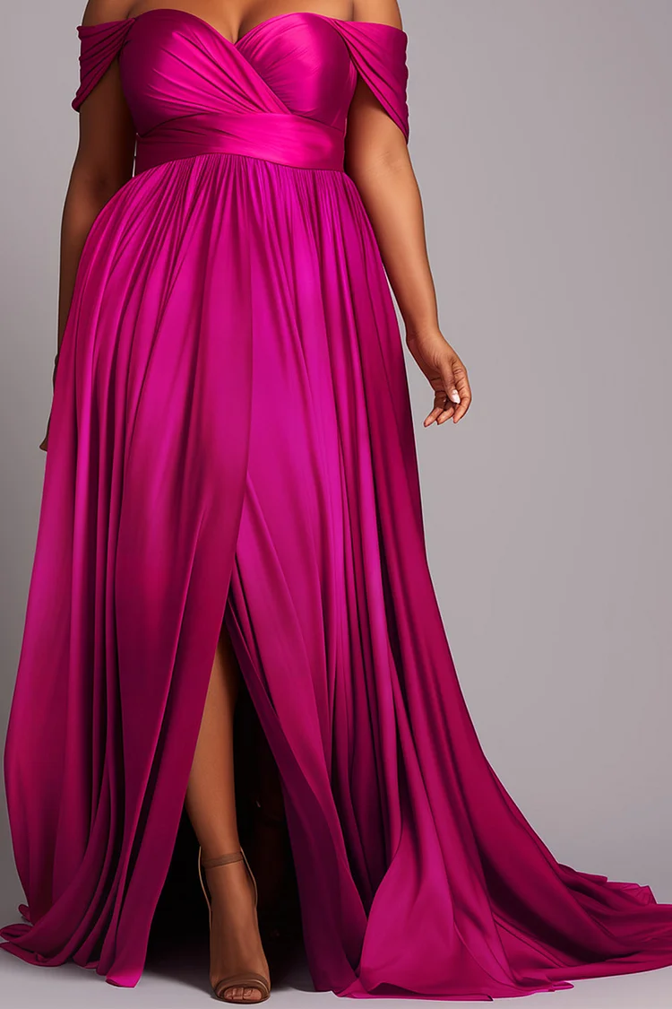 Xpluswear Design Plus Size Formal Black Off The Shoulder Cap Sleeve Split Crinkle Chest Satin Maxi Dresses