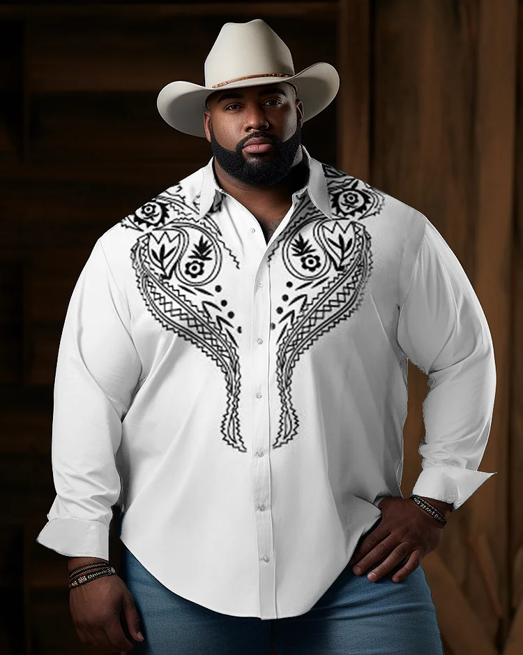 Men's Plus Size Western Denim Long Sleeve Pattern Lapel Long Sleeve Shirt