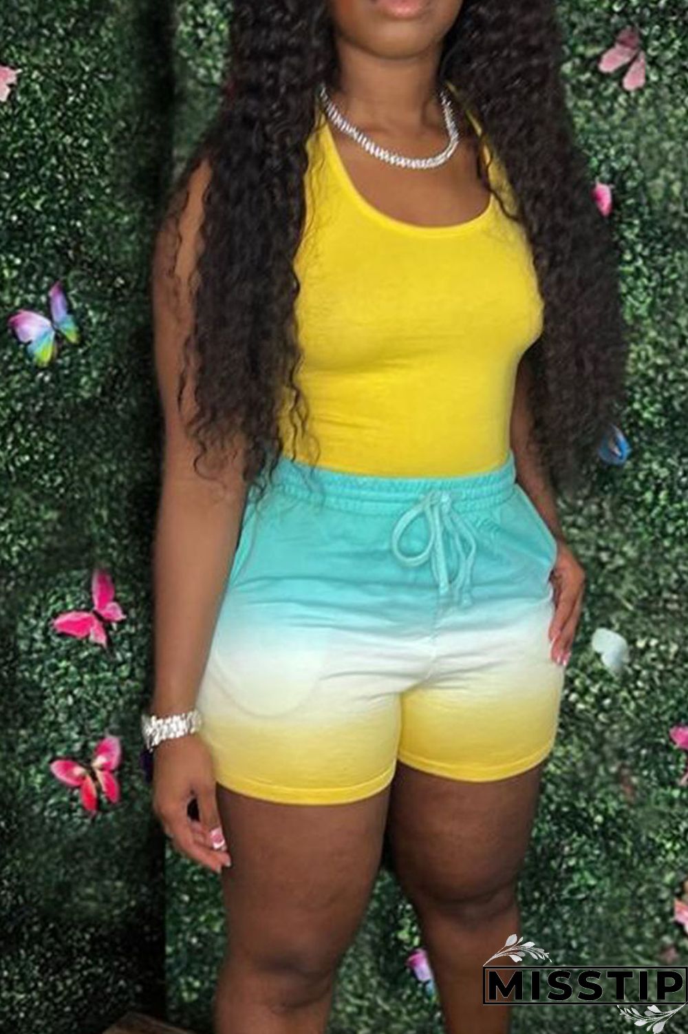 Fluorescent Green Casual Gradual Change Print Patchwork U Neck Sleeveless Two Pieces