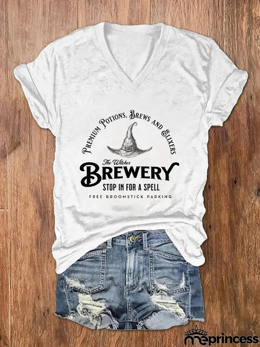 Women's The Wilches Brewery Stop In For A Spell Salem Massachusetts Print V-Neck T-Shirt