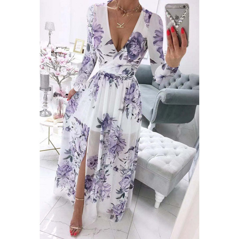 Searchwombat New Summer Long Dress Printed V-neck Chiffon Long-sleeved Dress Bohemian Style Full Skirt Dress