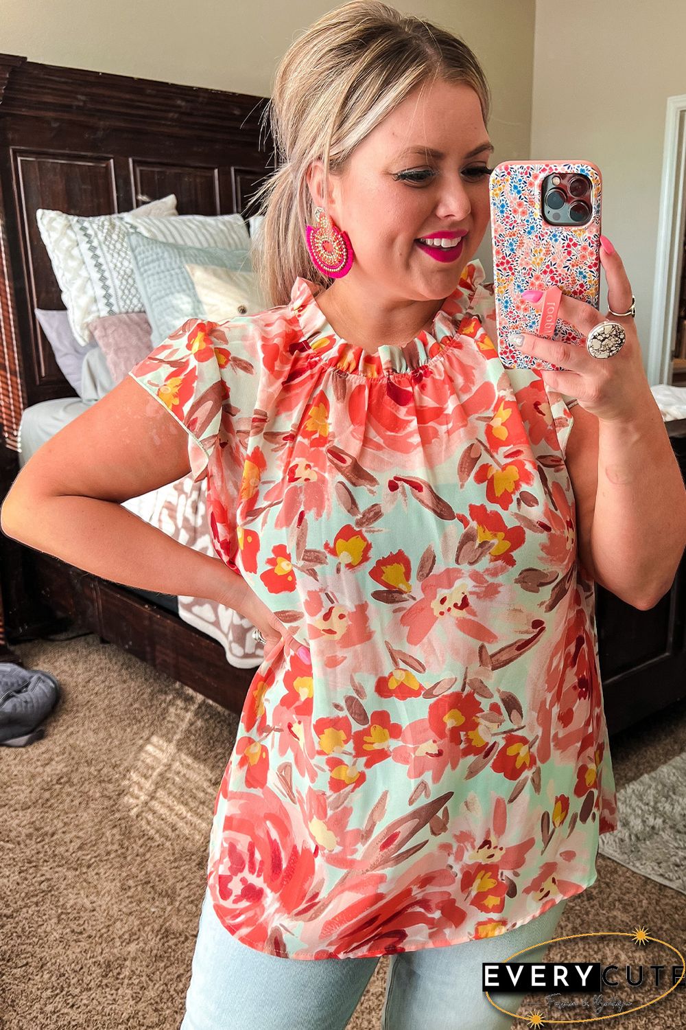 Red Plus Size Watercolor Floral Print Frill Neck Blouse