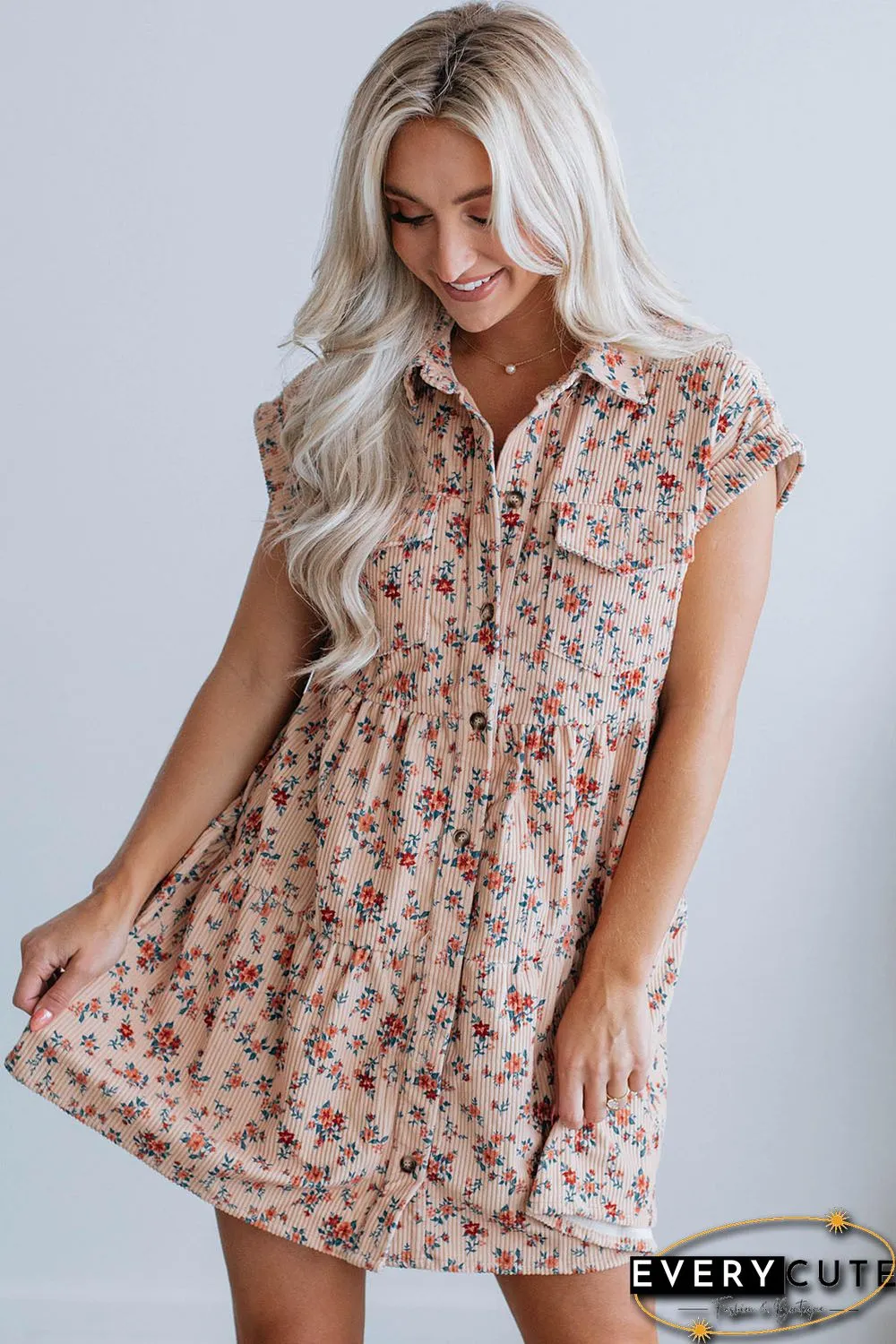 Pink Short Sleeve Flap Pockets Shirt Floral Dress