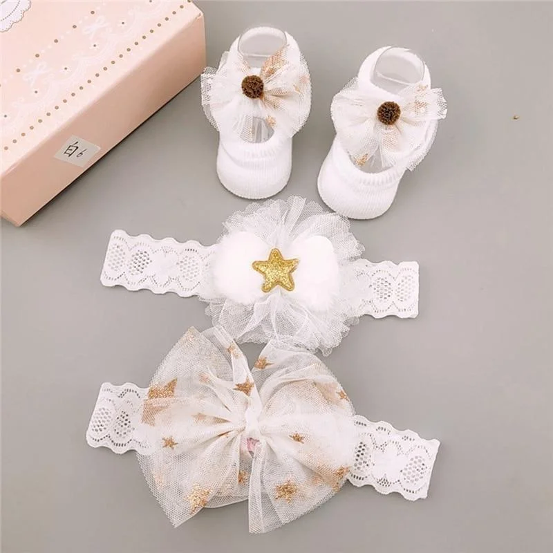 3Pcs/Set Lace Flower Baby Girl Headband Socks Set Crown Bows Newborn Hairband Headbands For Girls Turban Baby Hair Accessories